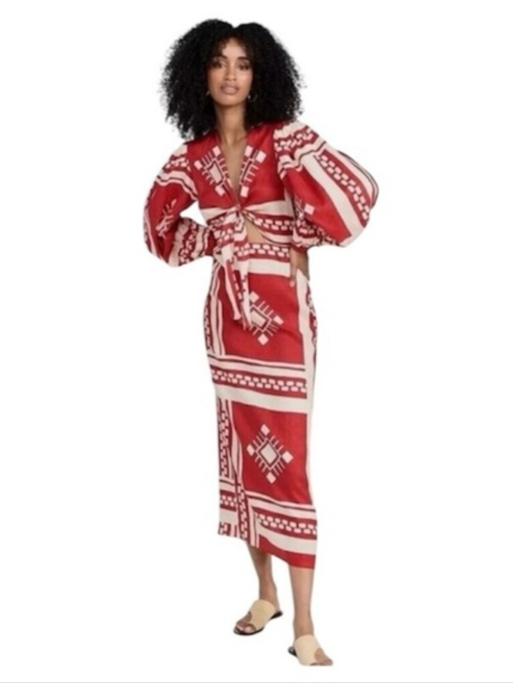 CAROLINE CONSTAS SUN Goddess Red Printed Tie-Front Midi Dress, L